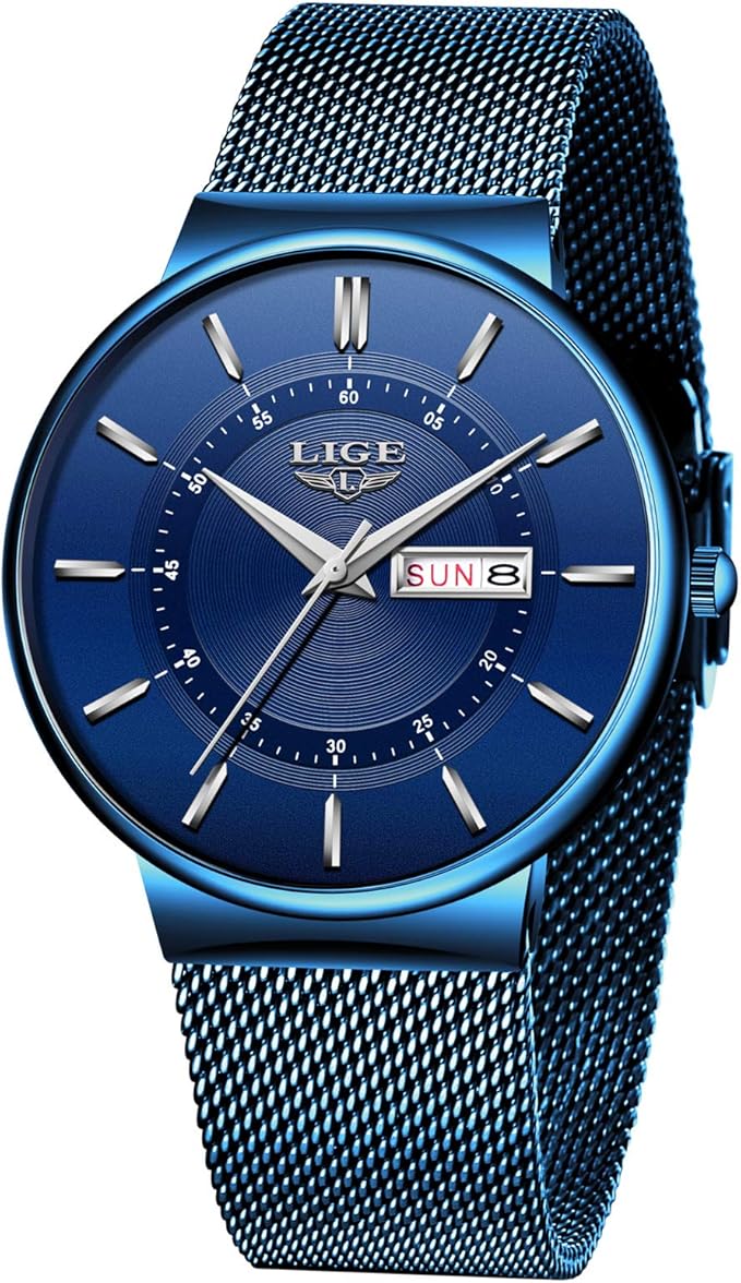 lige 男士手表黑色简约指针式石英不锈钢防水手表男士带日期显示时尚